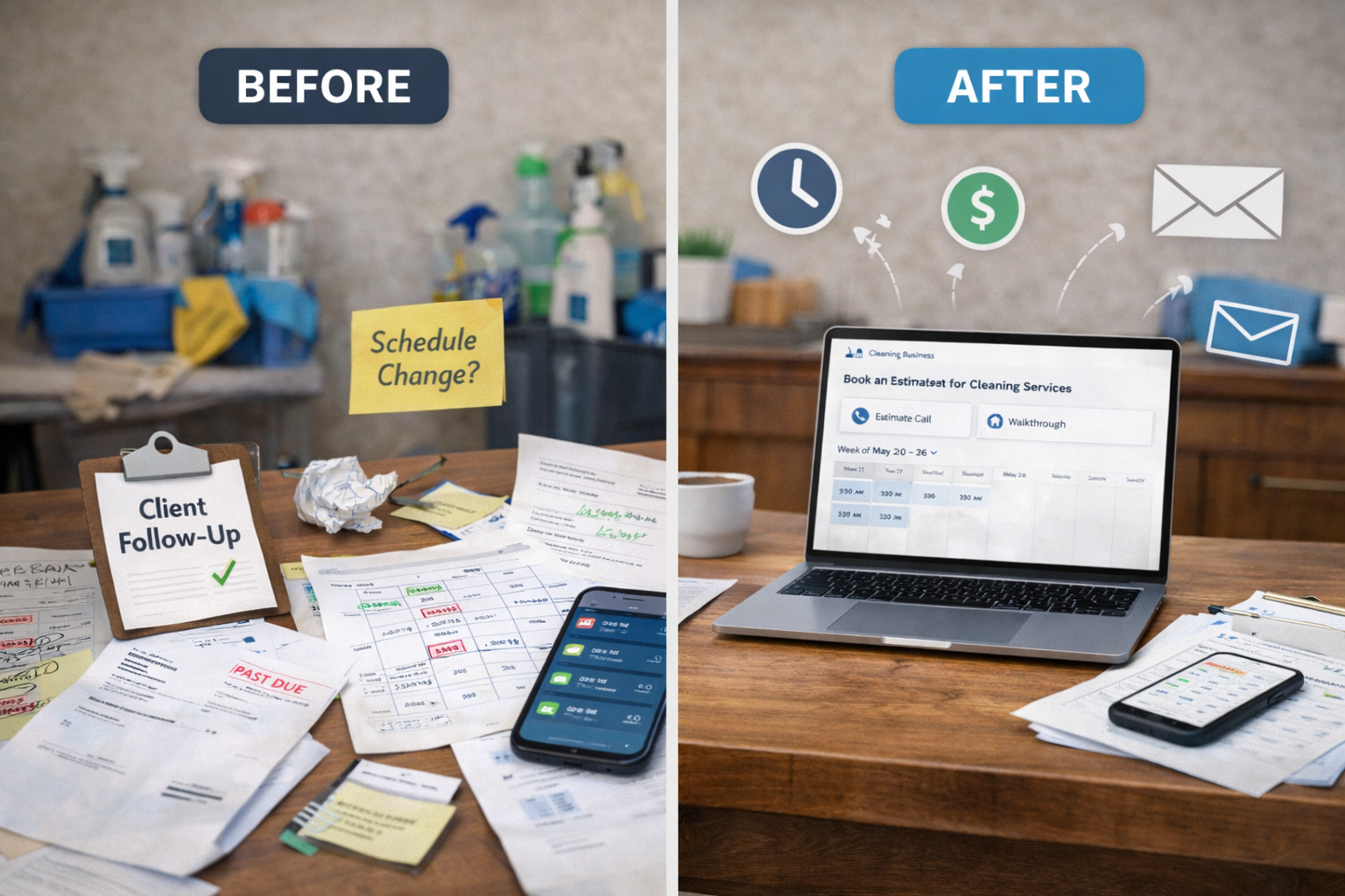 Split image showing chaotic cleaning business admin on one side and an organized automated workflow on the other
