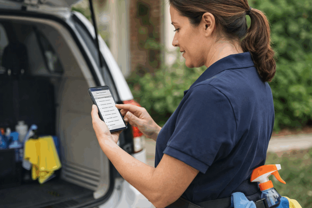 Cleaning business owner tracking leads on mobile phone