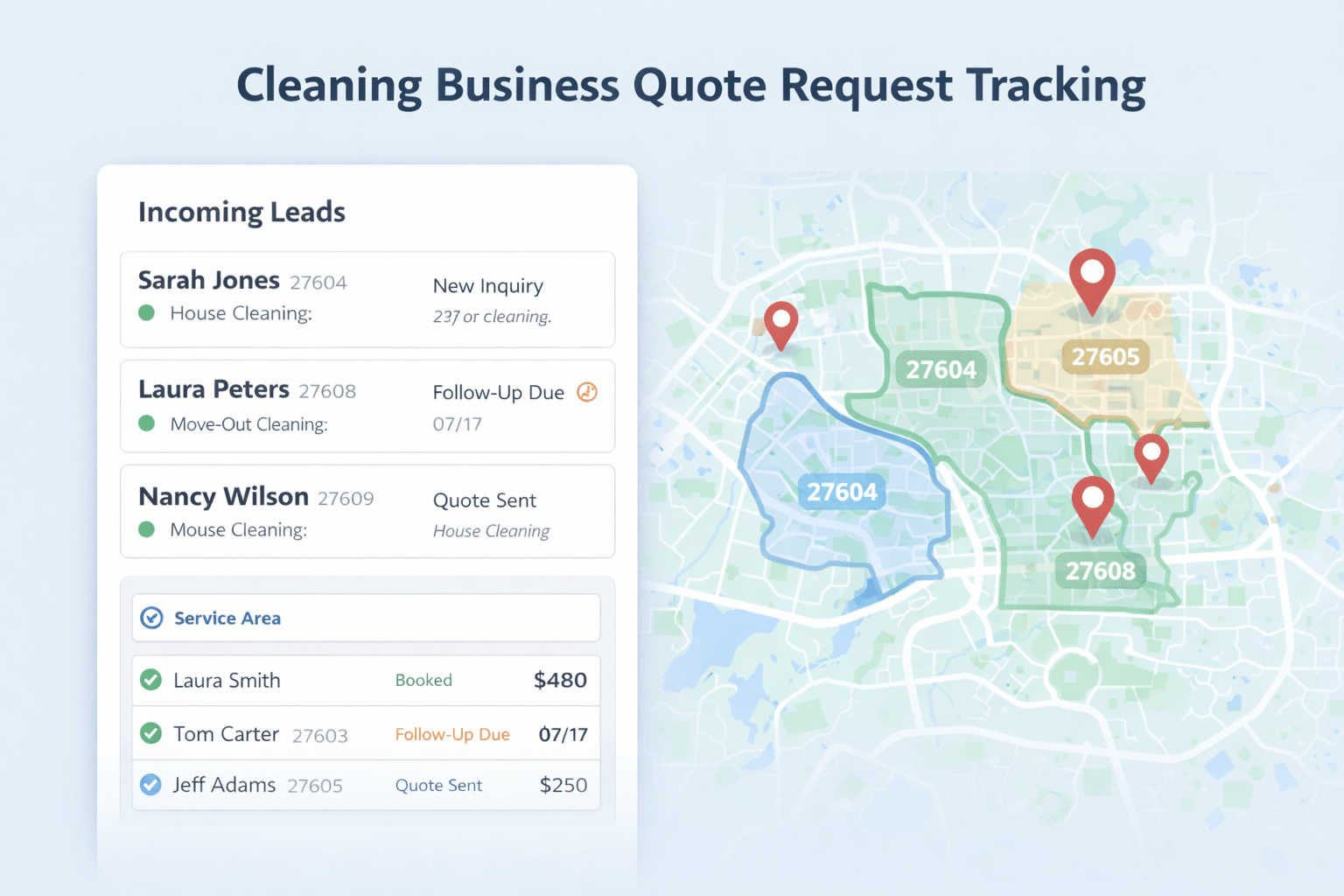 Cleaning business dashboard showing quote requests and service areas