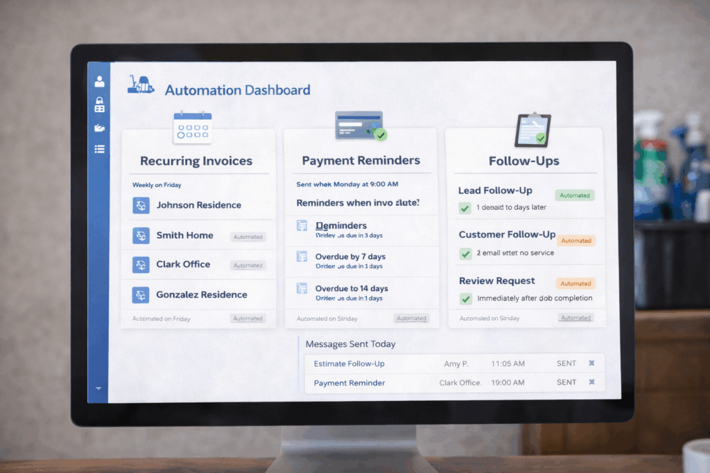 Cleaning business automation dashboard showing recurring invoices, payment reminders, and follow-up workflows
