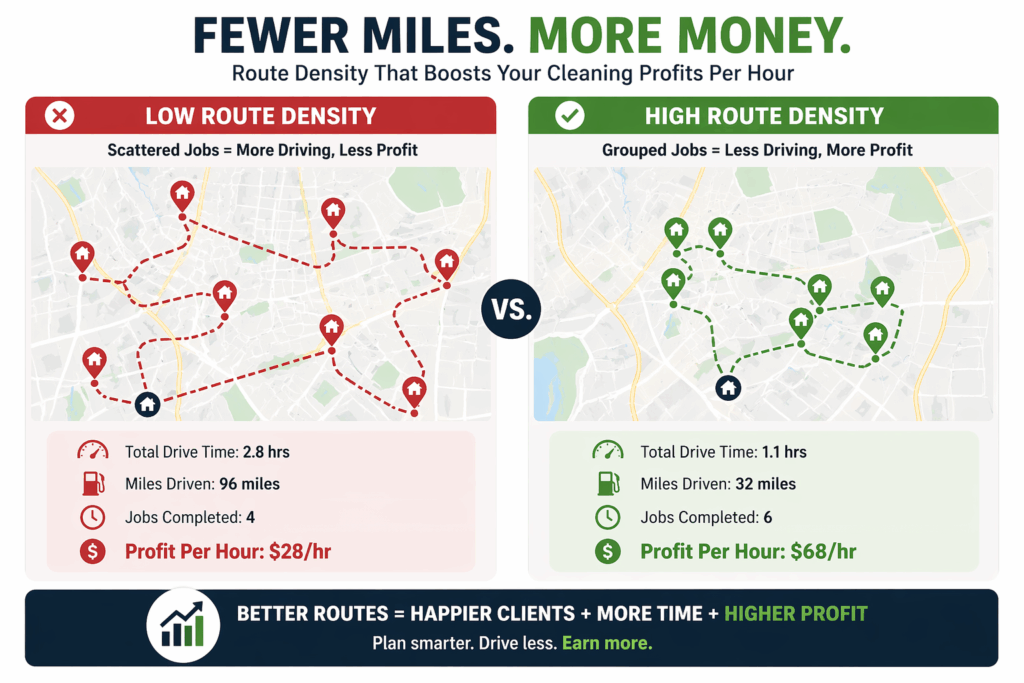 Comparison of inefficient cleaning route versus profitable high-density cleaning route
