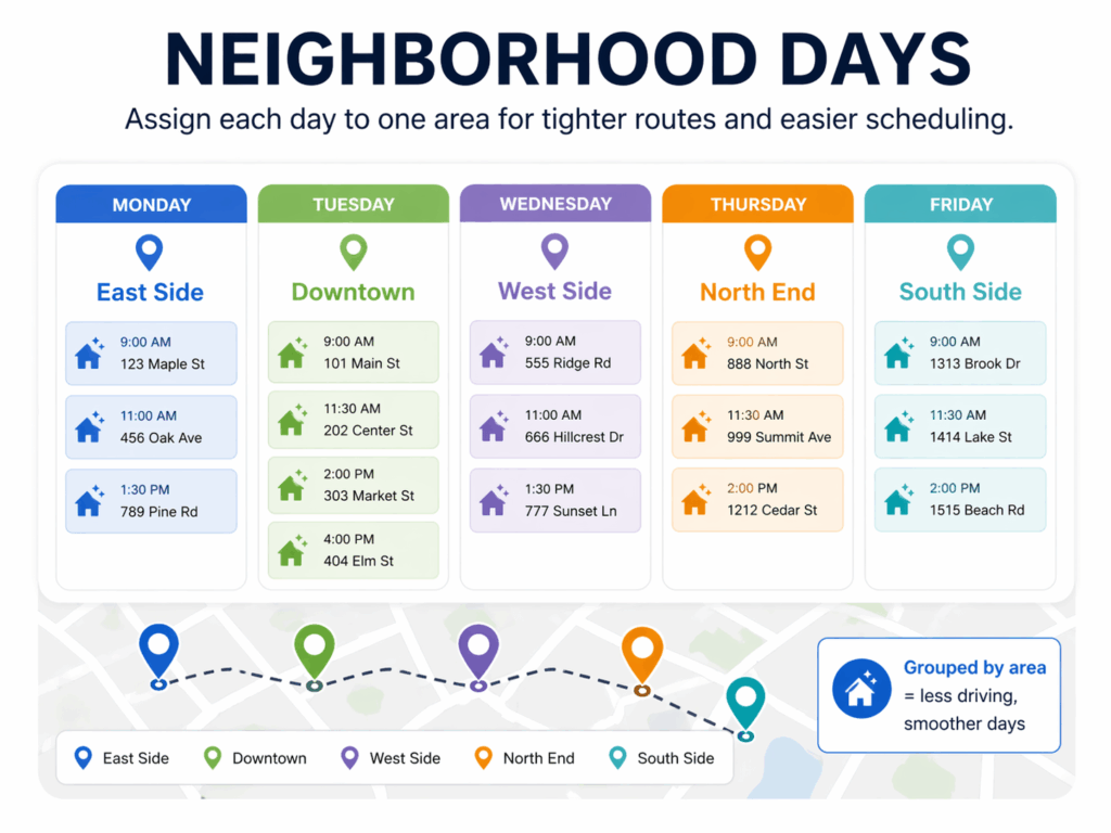 Weekly cleaning schedule organized by neighborhood for better route density