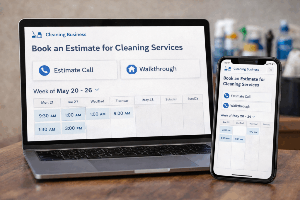 Online booking calendar for a cleaning business showing estimate calls and walkthrough appointment slots