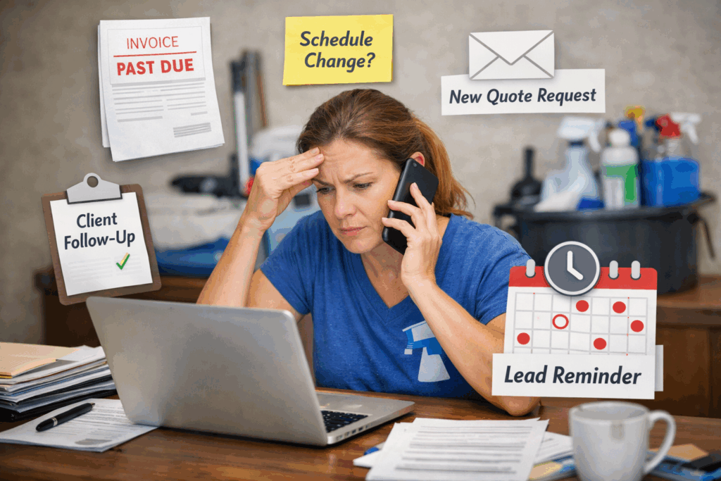 Cleaning business owner overwhelmed by scheduling, invoices, quote requests, and client follow-ups