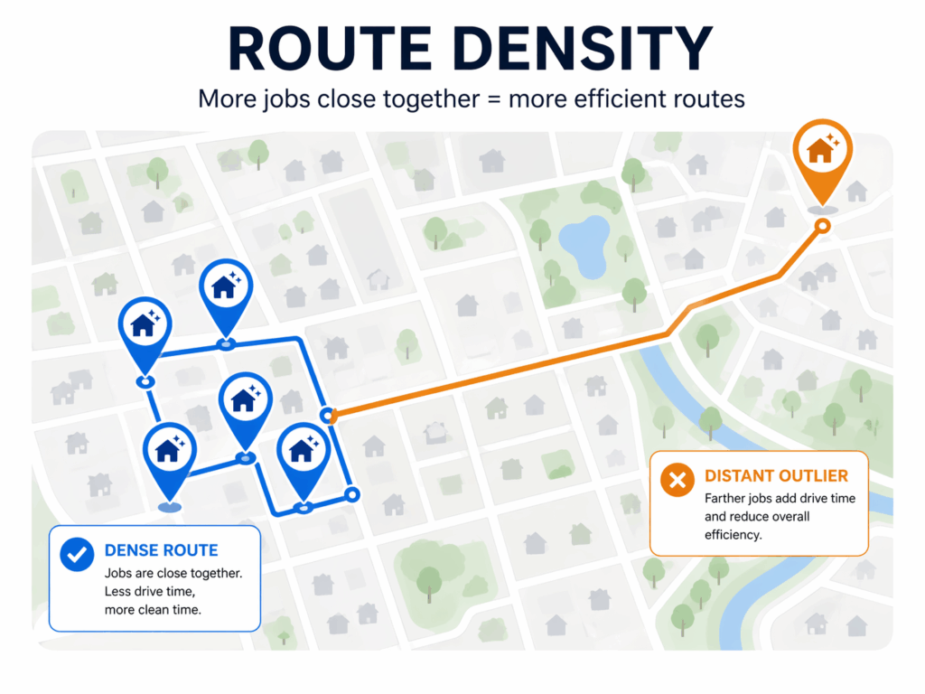 Cleaning business route density map showing clustered jobs and one far-away outlier client
